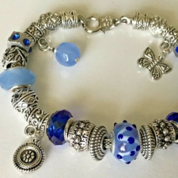 European Style Silver Plated Charm Bracelet with Beads, Lobster Closure, 9" Long - Picture 6 of 12